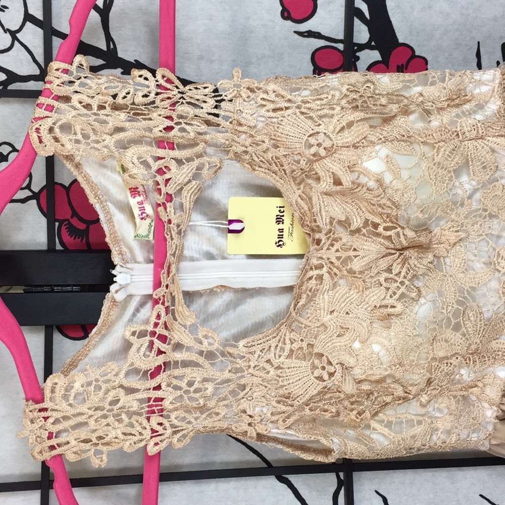 NWT Gold Dress Lace Bodice Tulle Over Satin Skirt Small - Picture 2 of 4